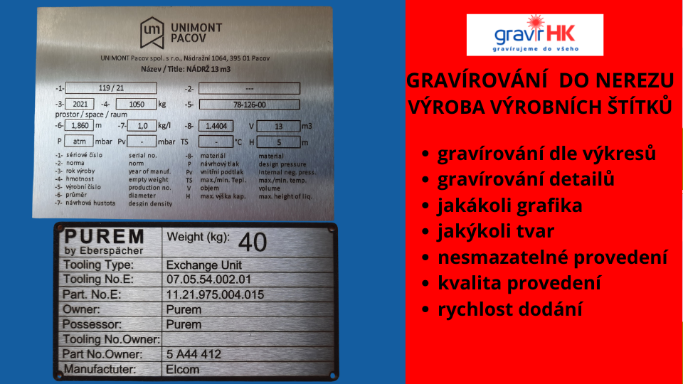 Nerezové výrobní a strojové štítky s gravírováním